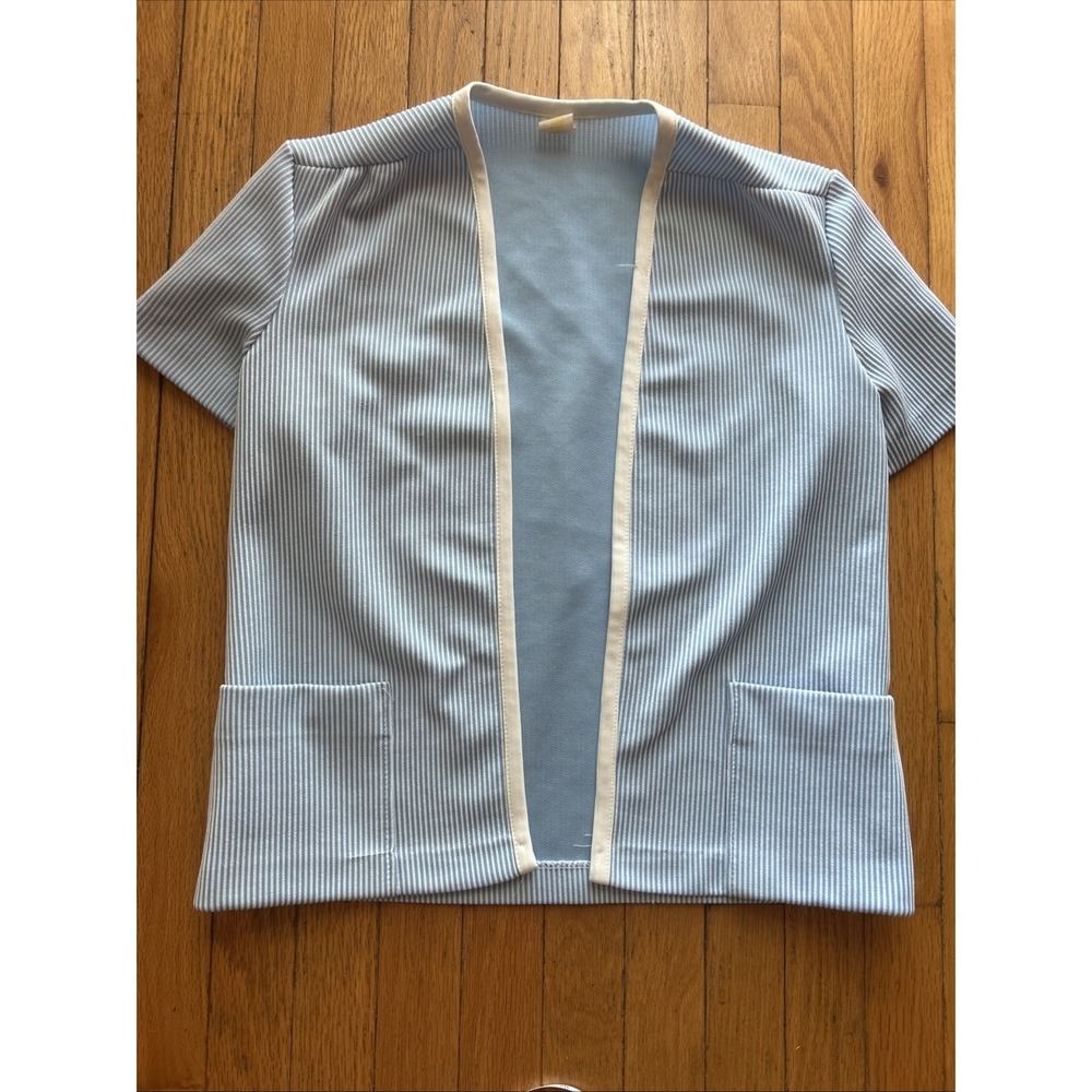 Vintage 70s Open Front Short Sleeve Pin Stripe Women's Top Pockets Small